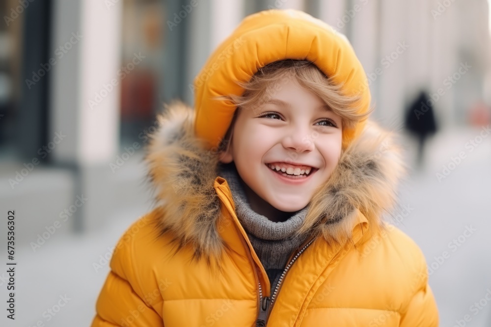 Portrait of a smiling little girl in a yellow jacket and hat Portrait of a smiling little girl in a yellow jacket and hat