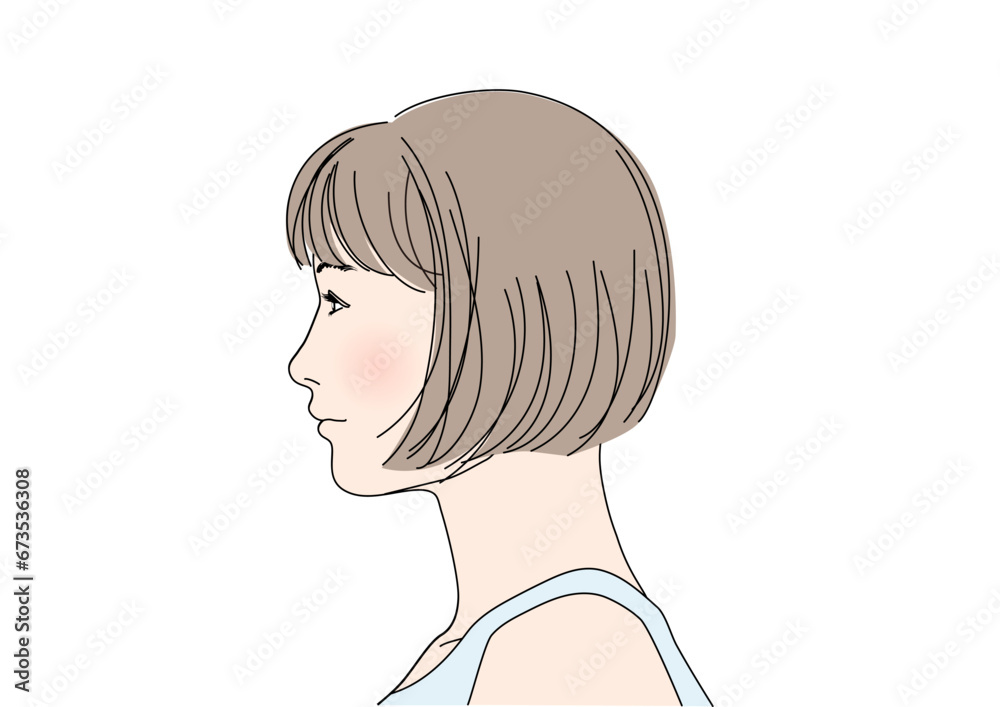 女性の横顔のイラスト ショートボブの若い日本人女性の横向き 上半身バストアップ 女性の横顔のイラスト ショートボブの若い日本人女性の横向き 上半身バストアップ