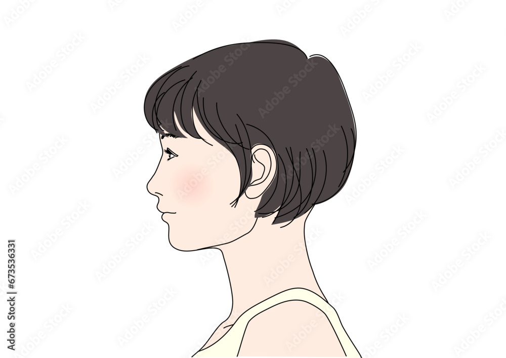 ショートヘアの女性の横顔アップのイラスト