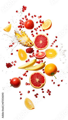 Colorful Fruit Splash Medley  Variety of Fresh Fruits with Water Splashes  Transparent Background  PNG Image