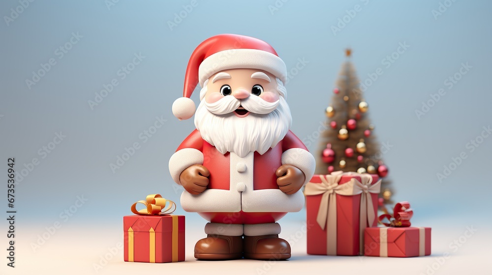 Christmas santa claus with gifts box, 3d cartoon character, happy new year and merry christmas greeting Christmas santa claus with gifts box, 3d cartoon character, happy new year and merry christmas greeting