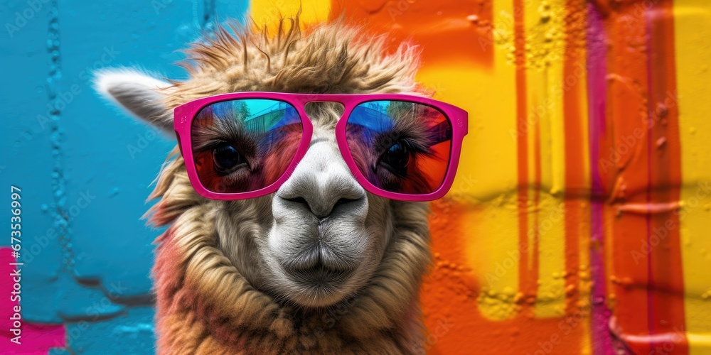Cool llama with sunglasses in front of a colorful background wall.