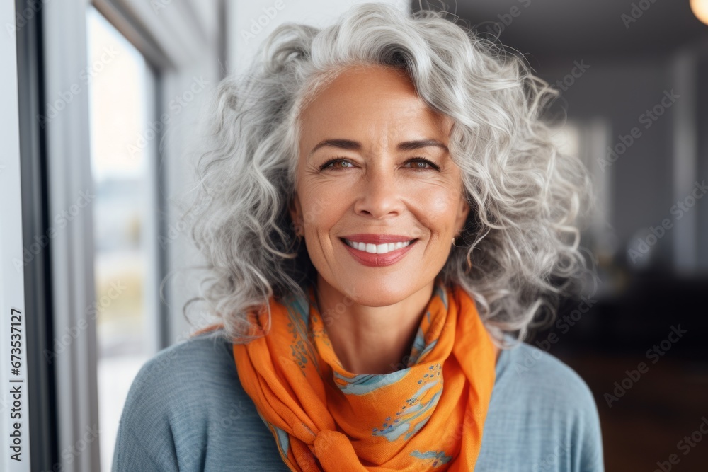 portrait of happy senior woman in scarf looking at camera at home portrait of happy senior woman in scarf looking at camera at home