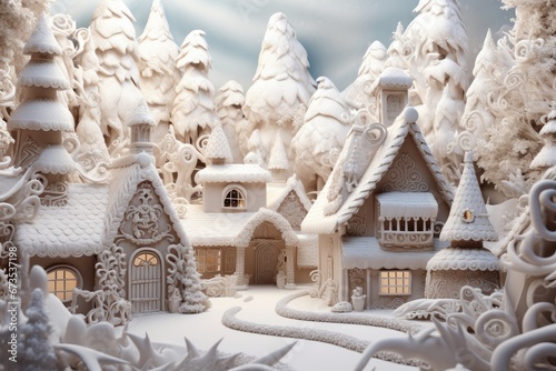 Snowy gingerbread village out of a fairytale. Beautiful decorated wonderland.