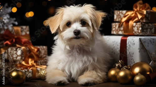A cute white purebred dog next to the gift boxes, bokeh from the Christmas lights. AI generating
