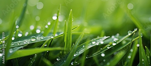 Green grass gets wet from drops of water