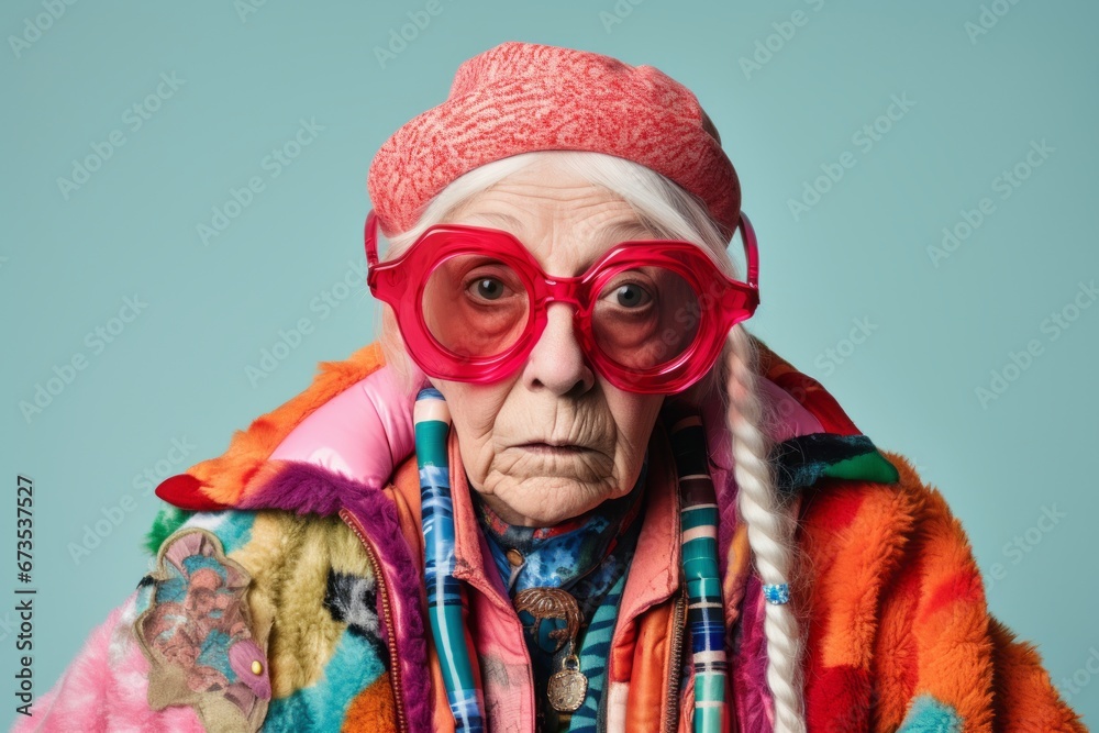 Funny senior woman with a pencil. Portrait of an old lady in pink glasses on a blue background.