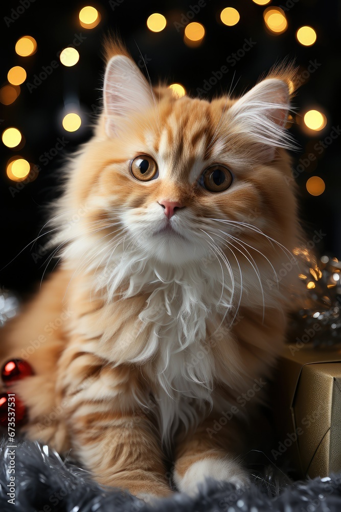 A cute red-haired cat is sitting next to a gift box, bokeh from Christmas lights. 