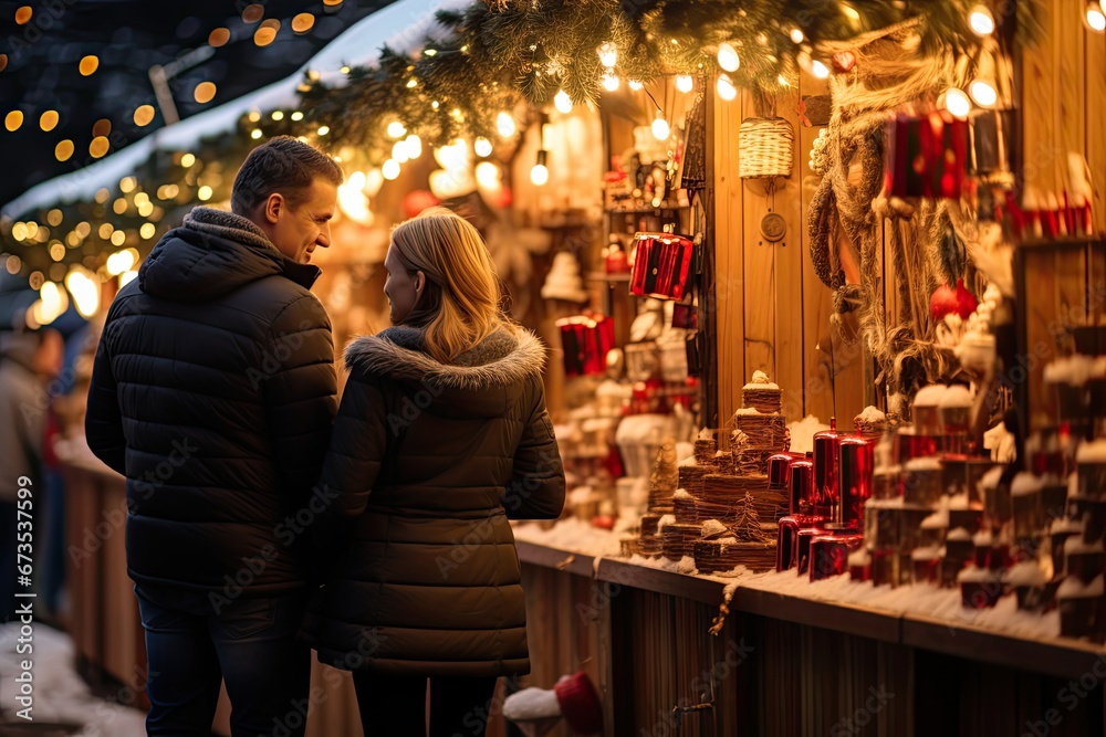 A couple on a christmas market with festive christmas decoration.
