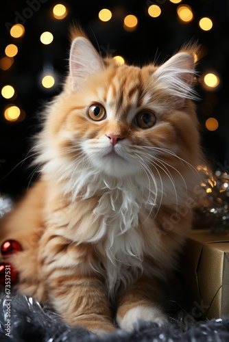 A cute red-haired cat is sitting next to a gift box, bokeh from Christmas lights. 