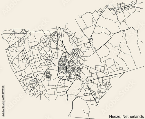 Detailed hand-drawn navigational urban street roads map of the Dutch city of HEEZE, NETHERLANDS with solid road lines and name tag on vintage background