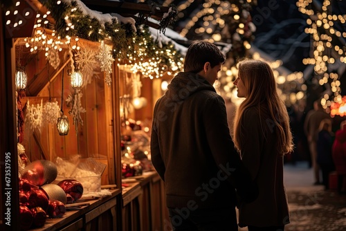 A couple on a christmas market with festive christmas decoration.
