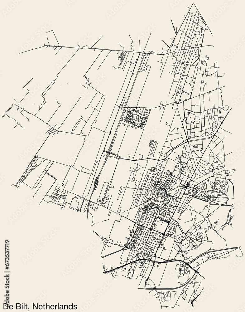 Detailed hand-drawn navigational urban street roads map of the Dutch city of DE BILT, NETHERLANDS with solid road lines and name tag on vintage background