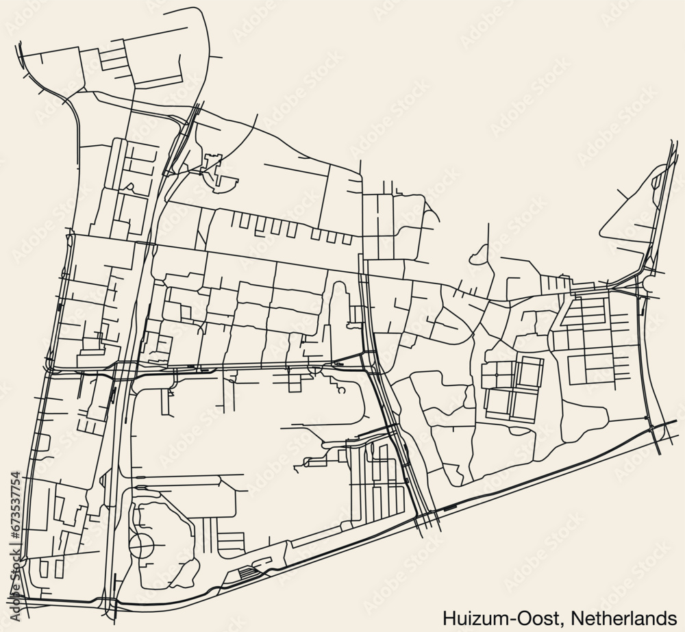 Detailed hand-drawn navigational urban street roads map of the Dutch city of HUIZUM-OOST, NETHERLANDS with solid road lines and name tag on vintage background