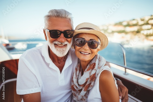 happy elderly couple having fun on the ship. pensioners traveling on a cruise ship © InfiniteStudio