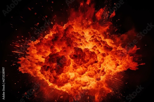 A big powerful fiery explosion of fire, flames, smoke and embers on an isolated black background