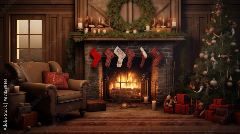 Christmas traditional winter scene with a cozy fireplace, decorated Christmas tree, and stockings hanging above the mantel