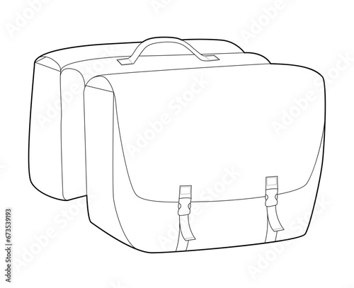 Pannier Bag messenger silhouette bag for bike. Fashion accessory technical illustration. Vector satchel front 3-4 view for Men, women, unisex style, flat handbag CAD mockup sketch outline isolated