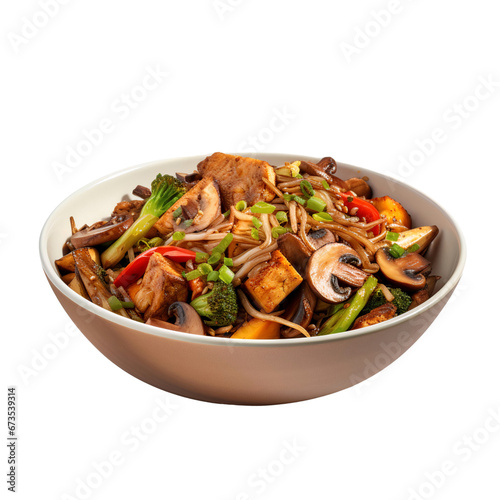 Stir fried chicken with vegetables isolated on white background