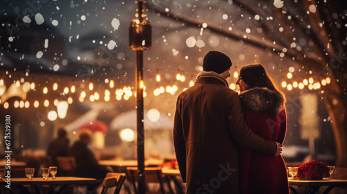couple in love walking in the winter streets in Christmas