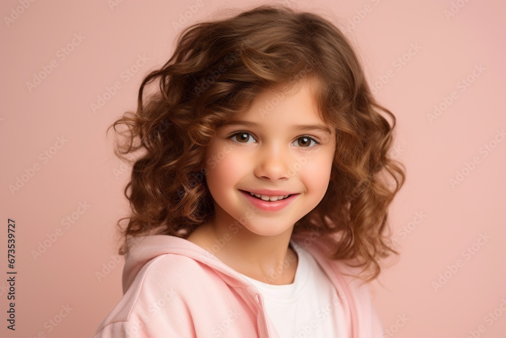 Portrait of a cute little girl with curly hair on a pink background. Portrait of a cute little girl with curly hair on a pink background.