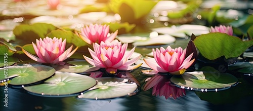 In the rural countryside during the summer season a tiny pond displays vibrant water lilies of a pink hue