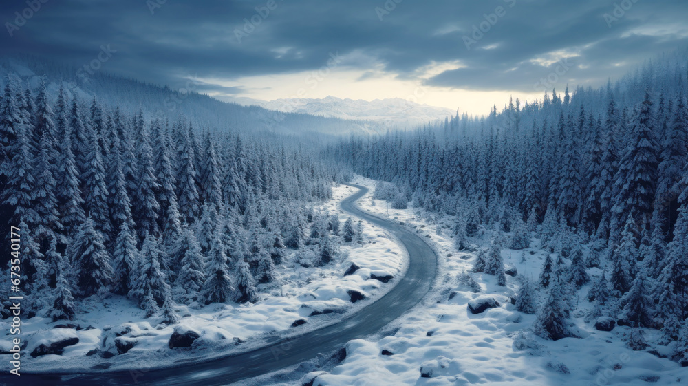 Road in winter forest, aerial view of snowy woods at sunset. Landscape with path, snow, trees and sky. Concept of nature, travel, Siberia, Norway, country, season, flight - obrazy, fototapety, plakaty 
