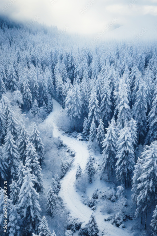 Aerial vertical view of winter woods, snowy winding road in forest. Landscape with path, snow, trees and sky. Concept of nature, travel, Siberia, Norway, country, season, flight