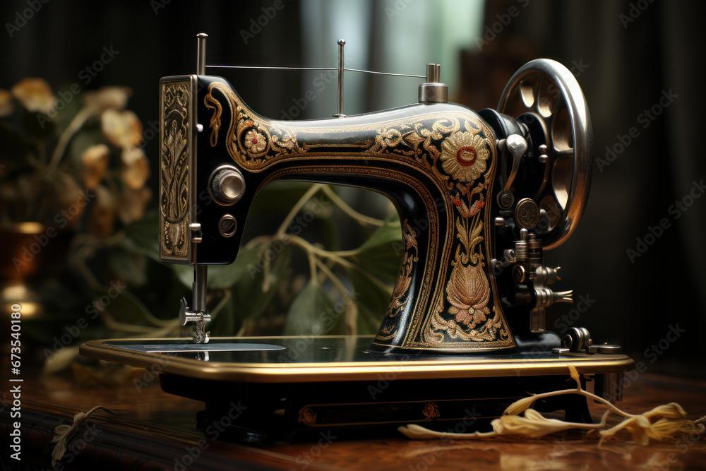 A vintage sewing machine with intricate details, a testament to the craftsmanship of yesteryears. Generative Ai.