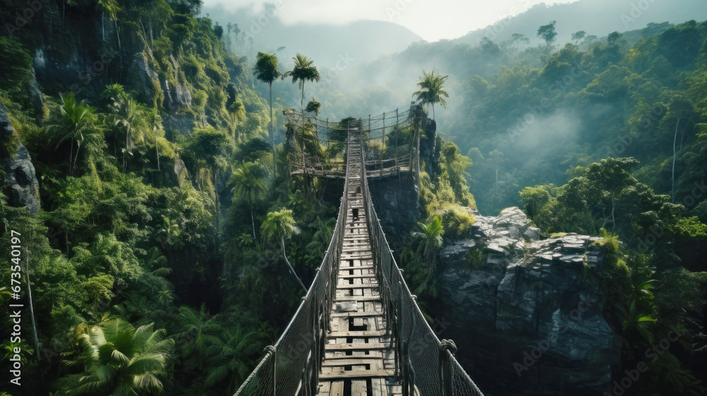 Suspension bridge in jungle, perspective view of hanging wood footbridge in tropical forest. Scenery of trees, mountain and sky in summer. Concept of travel, adventure, nature - obrazy, fototapety, plakaty 