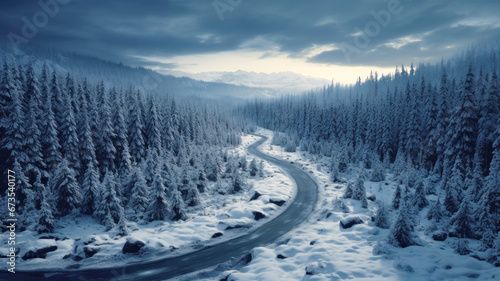 Road in winter forest, aerial view of snowy woods at sunset. Landscape with path, snow, trees and sky. Concept of nature, travel, Siberia, Norway, country, season, flight