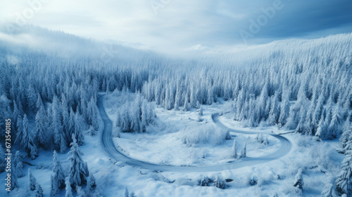 Aerial view of winter forest, snowy winding road in woods. Landscape with path, snow, trees and sky. Concept of nature, travel, Siberia, Norway, country, season, flight