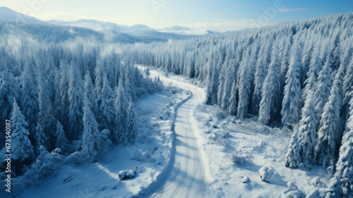 Aerial view of winter woods, snowy winding road in forest. Landscape with path, snow, trees and sky. Concept of nature, travel, Siberia, Norway, country, season, flight
