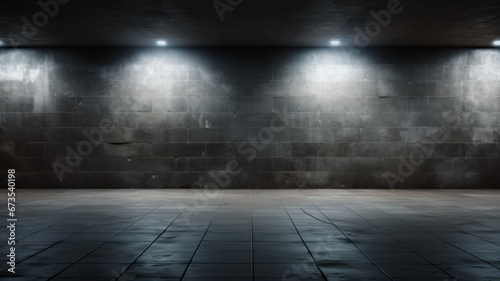 Blank wall mockup in underground parking or city street at night, empty space to display advertising. Urban dark grungy place. Concept of office, logo, brand, banner, shop, store © scaliger
