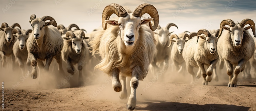 Uzbekistan will soon be visited by a group of rams and goats - obrazy, fototapety, plakaty 