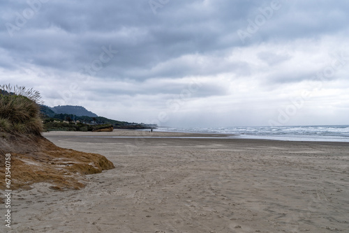 A person in the distance walking a dog on an overcast morning on the beach near Yachats  Oregon  USA