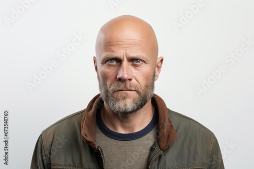 portrait of a bald man with a beard on a white background