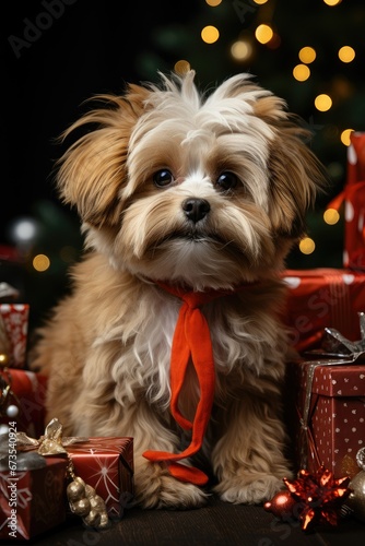 Cute dog surrounded by Christmas decorations and gift boxes.  © Виктория Попова