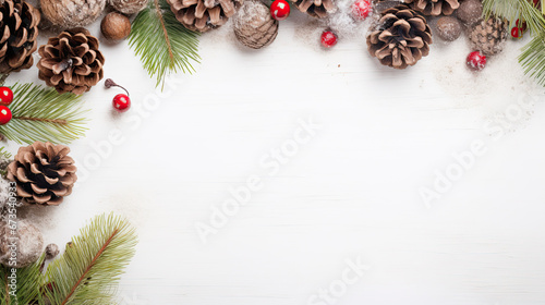 Christmas decoration. Frame of twigs christmas tree, brown natural pine cones and red berries on snow with space for text. Top view, flat lay