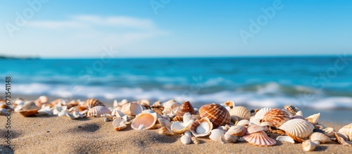 In the sunny seashore under the tropical heat many seashells are scattered across the sandy beach creating a picturesque scene against the beautiful backdrop of the sea