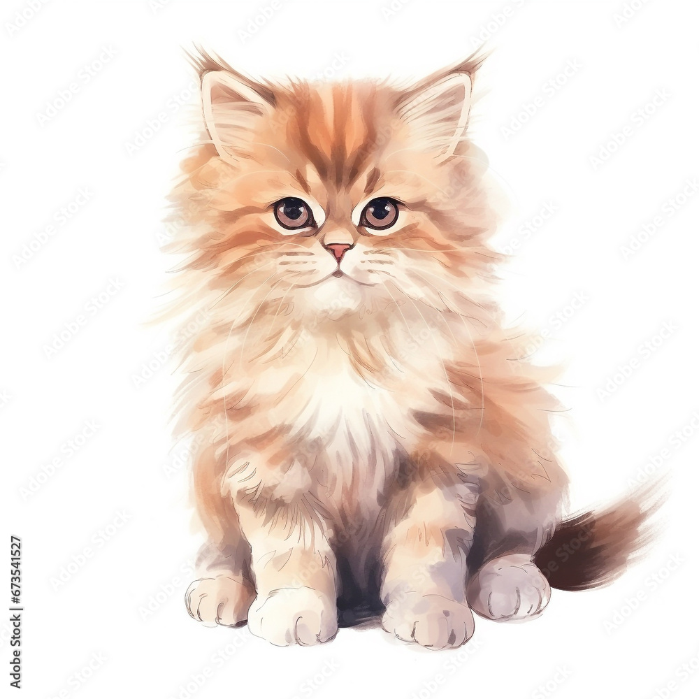 Kitty cartoon watercolor illustration, cute portrait of cat isolated on white background.