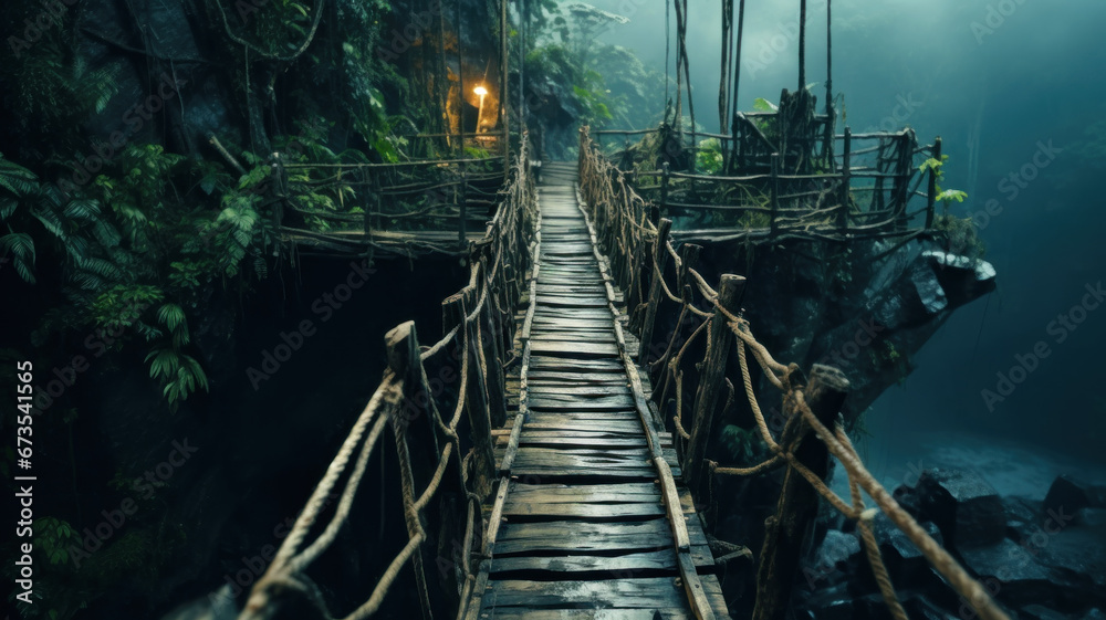 Old suspension bridge in jungle at night, hanging wood footbridge in tropical forest. Scenery of trees, mountain and foliage. Concept of suspension, travel, adventure, nature