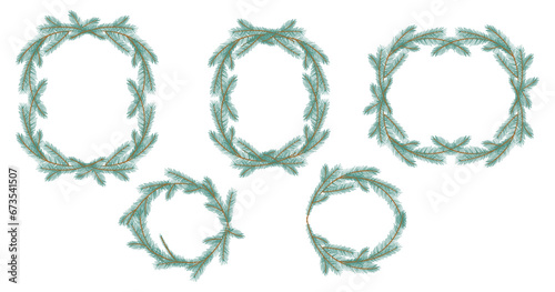 Christmas Fir Tree Wreath Collection. New year green sketch frame with branch. Firtree or pine border set. Xmas spruce decoration hand drawn elements. Cartoon drawing vector illustration