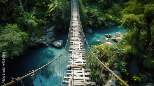Old rope bridge over blue river in jungle, hanging wood footbridge in tropical forest. Scenery of trees, water and foliage. Concept of suspension, travel, adventure, nature © karina_lo