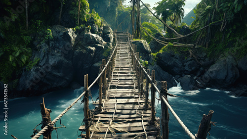 Old suspension bridge across river in jungle, perspective view of rope wood footbridge. Scenery of tropical forest with water. Concept of suspension, travel, adventure, nature photo