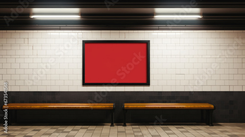 Blank red billboard in metro station, poster mockup on tiled wall. Empty space for advertising in urban underground. Concept of subway, street, banner, background, city, bench