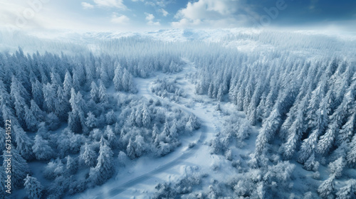 Aerial view of snowy road in winter forest. Landscape of frozen woods with path, snow and trees. Concept of nature, travel, Siberia, Norway, country, season, flight