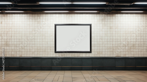 Small blank billboard in subway station, poster mockup on white tiled wall. Empty space for advertising in urban underground. Concept of metro, street, banner, background, template © karina_lo