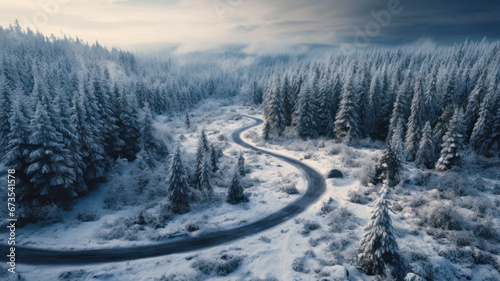 Aerial view of winding road in winter woods at sunset. Landscape of frozen forest with path, snow and trees. Concept of nature, travel, Siberia, Norway, country, season, flight