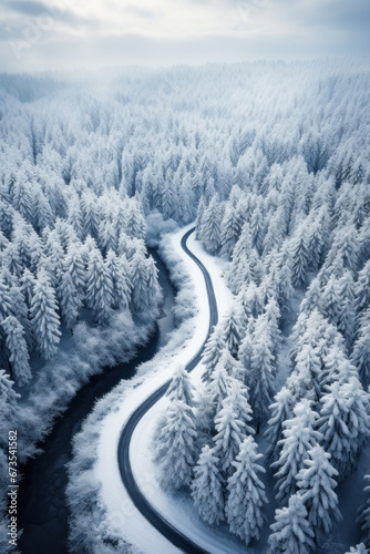 Aerial view of road and river in snowy woods in winter. Landscape of white forest with path, snow and trees. Concept of nature, travel, Siberia, Norway, country, season, flight